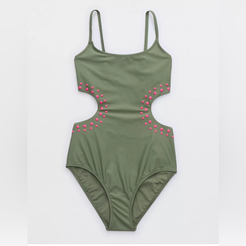 Aerie full coverage cut out swimsuit- green and pink